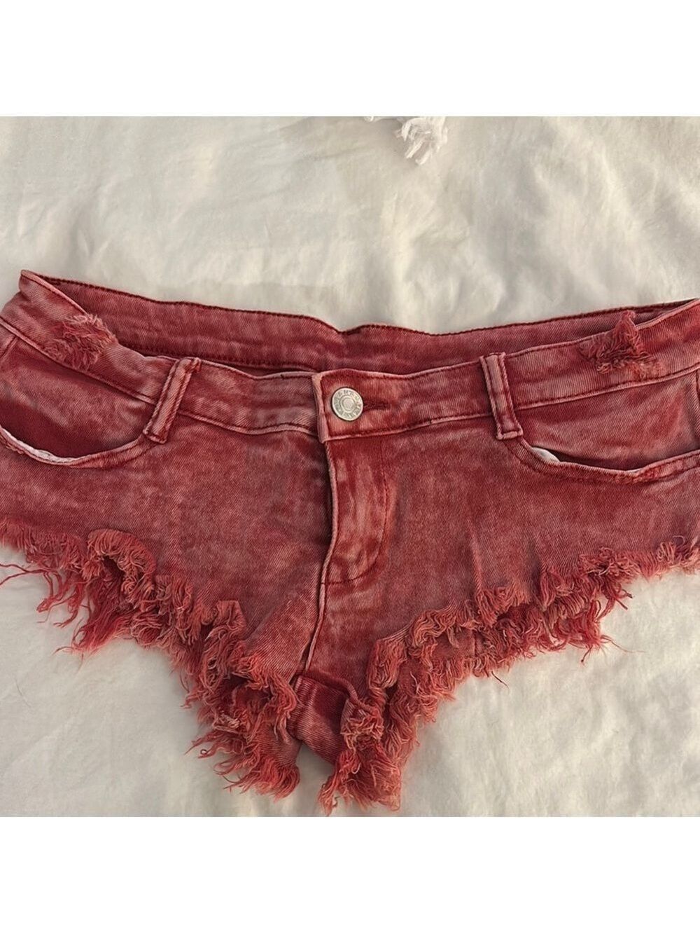 Frayed Hem Red Denim Low Rise Cheeky Booty Shorts